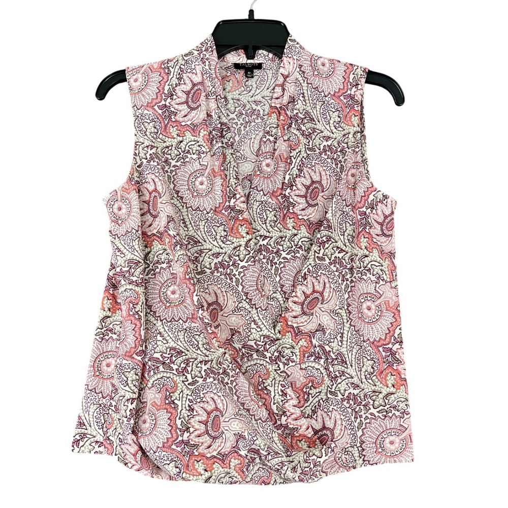 Talbots Sleeveless Blouse Womens 4P Pink Paisley Surplice V-Neck Top